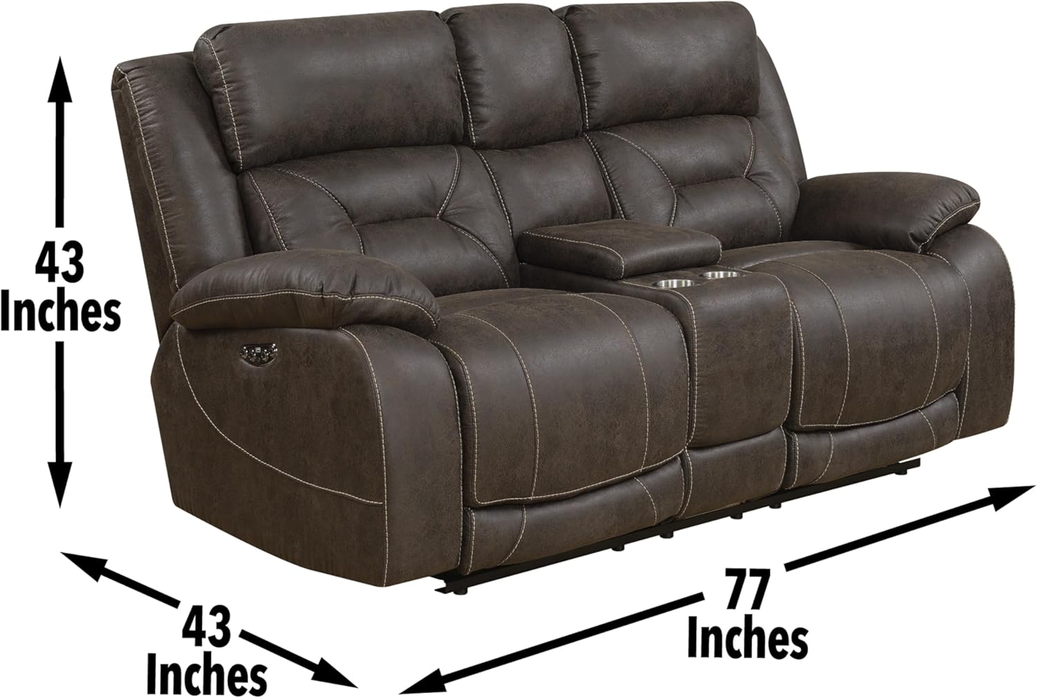 Aria Dual-Power Love Seat with Memory Gel Foam, Power Features, and USB Port in Saddle Brown