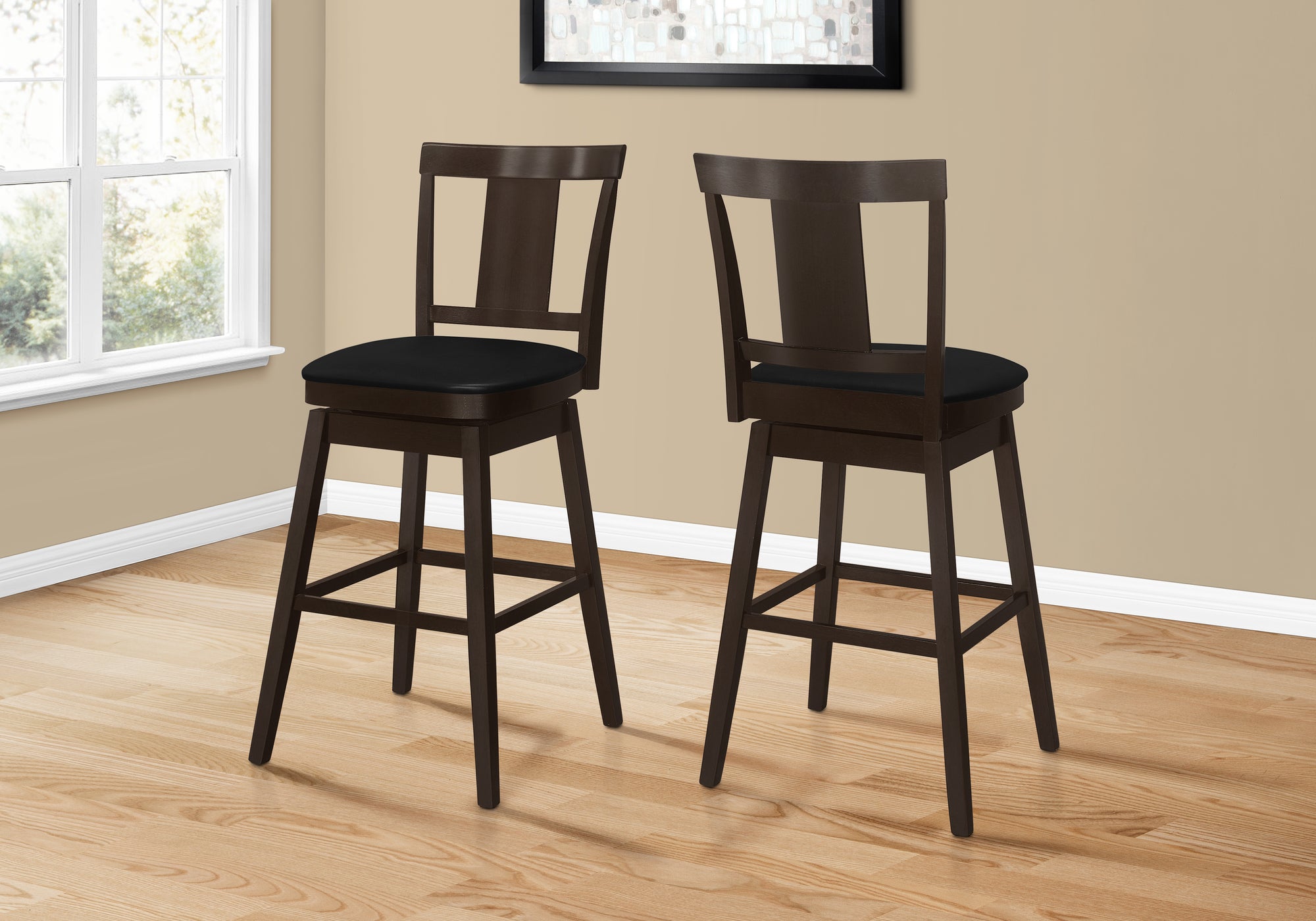 Transitional Brown / Black Upholstered Seat Swivel Bar Stools Set of 2