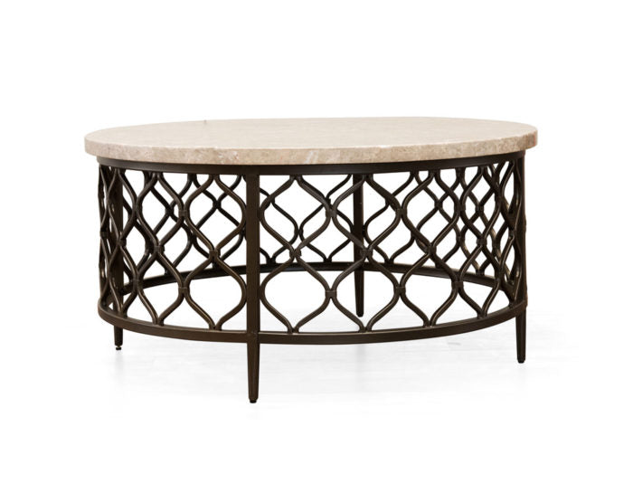 Steve Silver Roland Round White Stone Top with Bronze Metal Base Cocktail Table