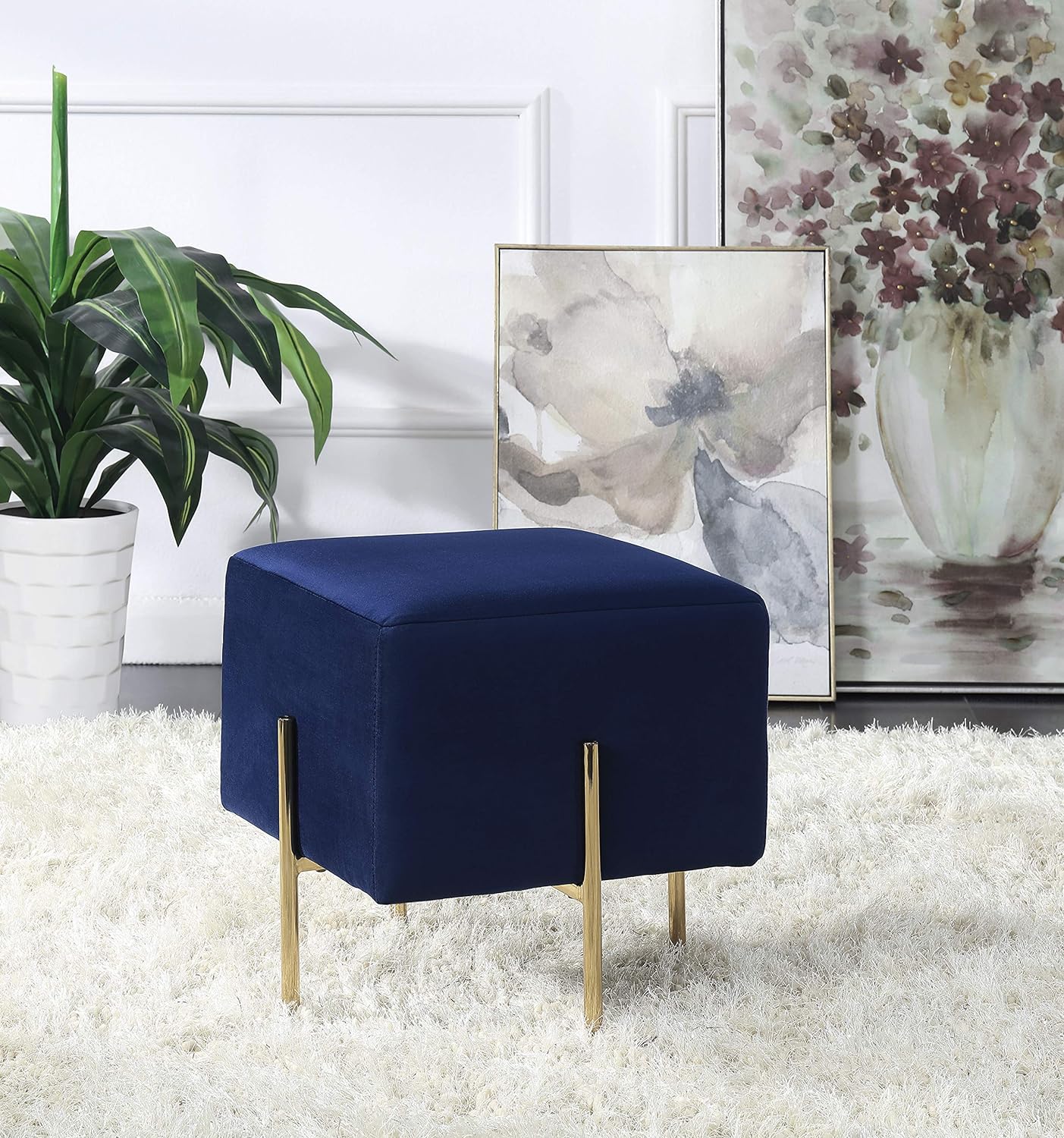 Blue Square Upholstered Ottoman with Gold legs