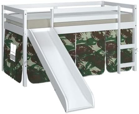 White Twin Junior Solid Pine Wood Loft Bed with Slide And Camo Tent