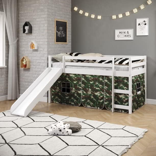 White Twin Junior Solid Pine Wood Loft Bed with Slide And Camo Tent