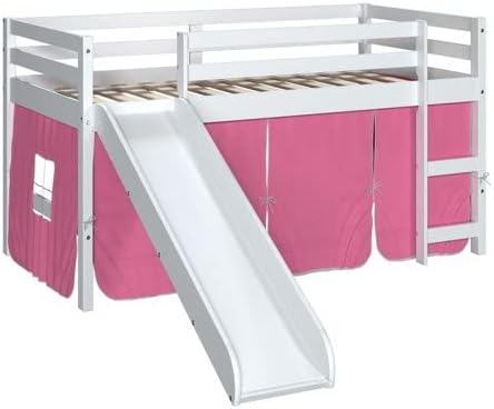 White Twin Junior Solid Pine Wood Loft Bed with Slide And Pink Tent