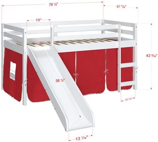 White Twin Junior Solid Pine Wood Loft Bed with Slide And Red Tent