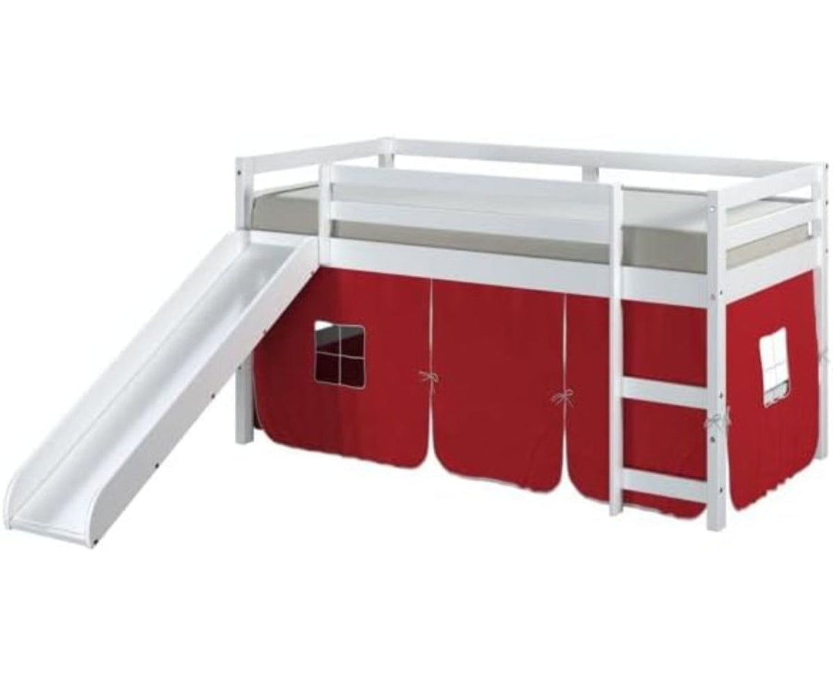 White Twin Junior Solid Pine Wood Loft Bed with Slide And Red Tent