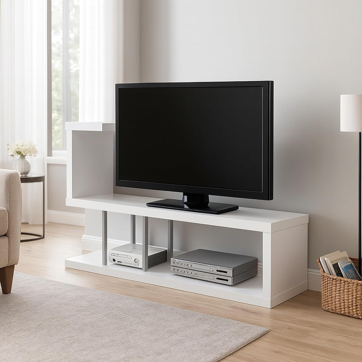 Hollow-Core TV Media Console Stand, For Flat-Panel TVs Up To 47" In White