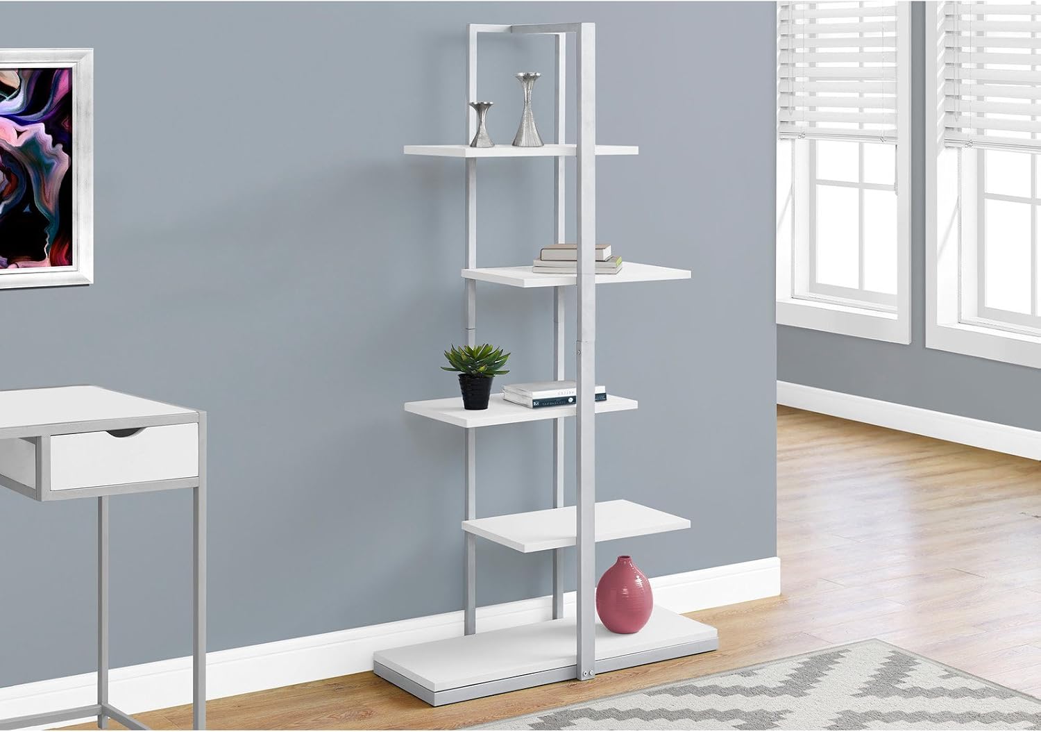 Modern 5-Tier Zig-Zag Bookcase – White and Silver