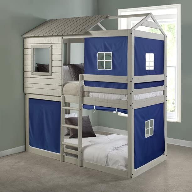 Bella Vista Grey Solid Pine Wood Junior Twin Over Twin Standard Loft Bunk Bed (Blue Tent)