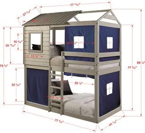 Bella Vista Grey Solid Pine Wood Junior Twin Over Twin Standard Loft Bunk Bed (Blue Tent)
