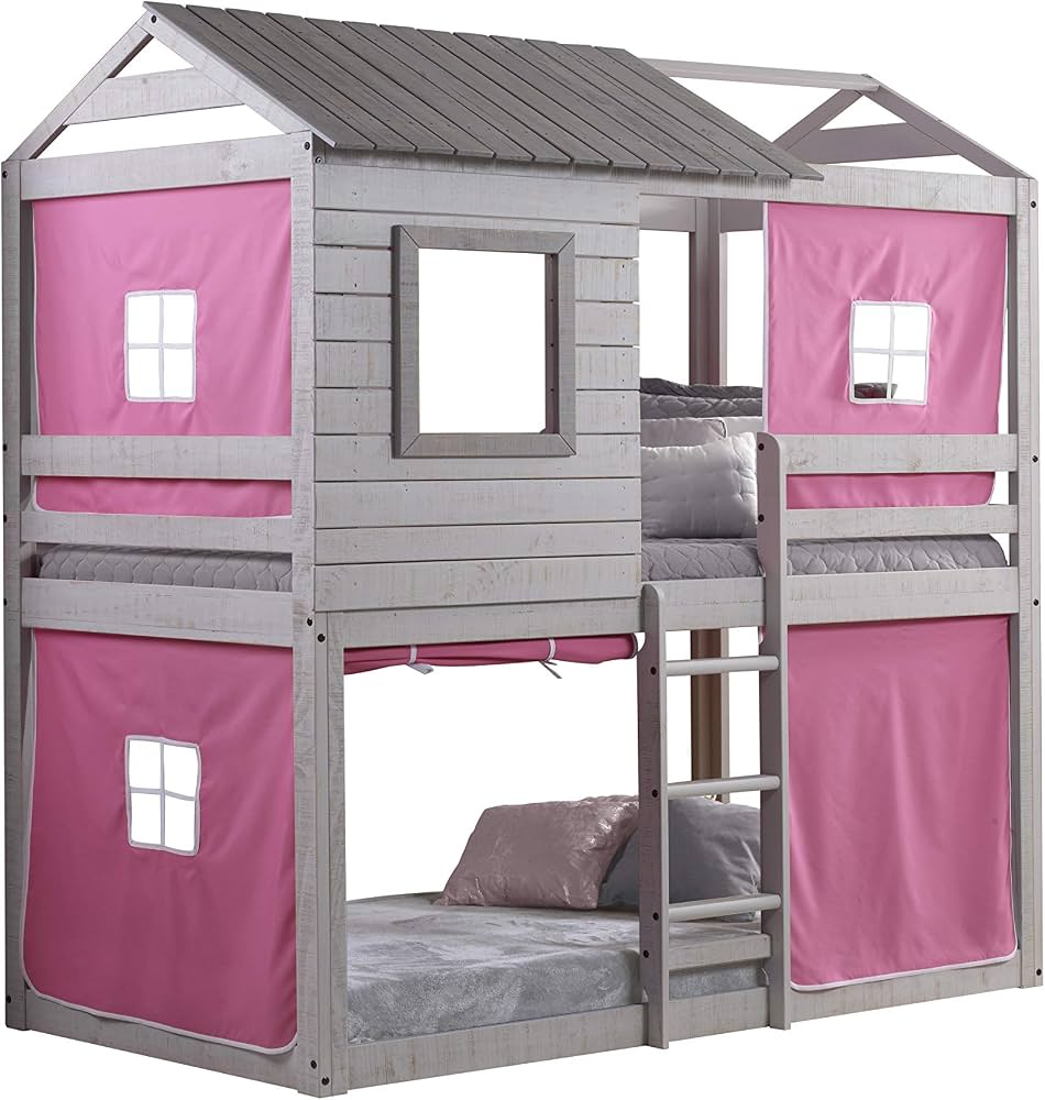 Bella Vista Grey Solid Pine Wood Junior Twin Over Twin Standard Loft Bunk Bed (Pink Tent)