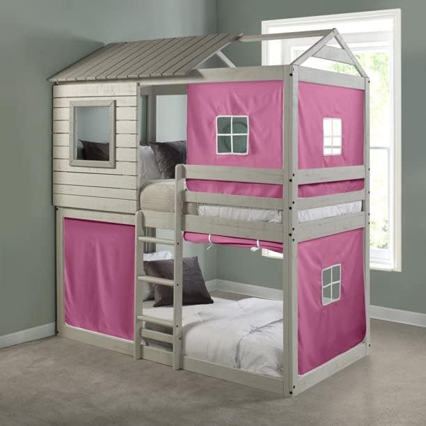 Bella Vista Grey Solid Pine Wood Junior Twin Over Twin Standard Loft Bunk Bed (Pink Tent)