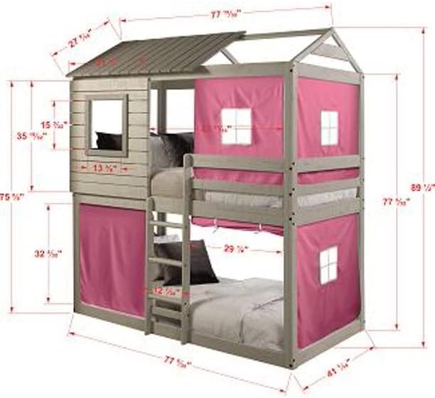 Bella Vista Grey Solid Pine Wood Junior Twin Over Twin Standard Loft Bunk Bed (Pink Tent)