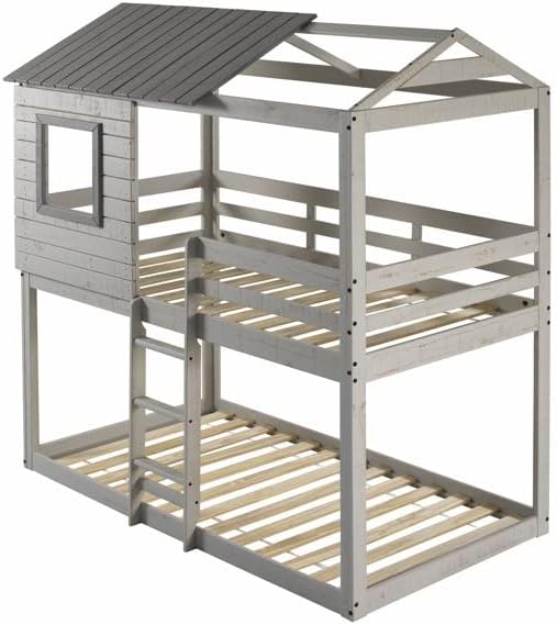 Bella Vista Grey Solid Pine Wood Junior Twin Over Twin Standard Loft Bunk Bed (Pink Tent)
