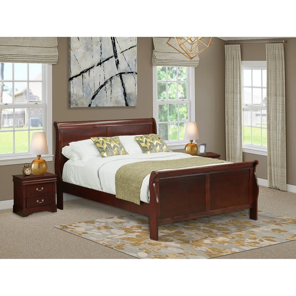 East West Furniture Louis Philippe 3 Piece Queen Size Bedroom Set in Phillip Walnut Finish with Queen Bed,2 Nightstands