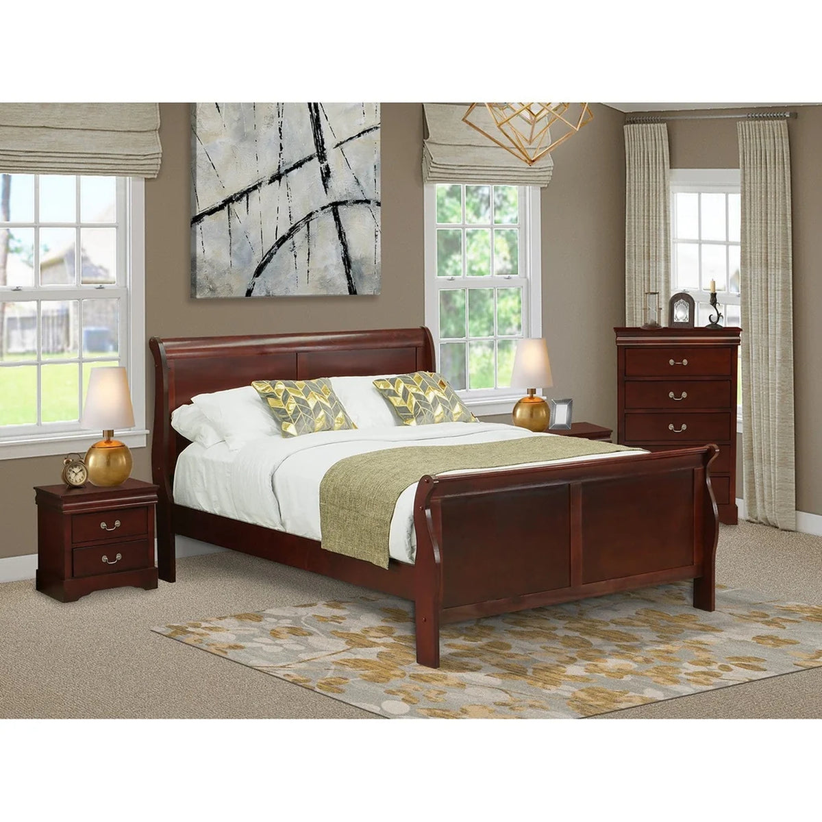 East West Furniture Louis Philippe 4 Piece Queen Size Bedroom Set in Phillip Walnut Finish with Queen Bed,2 Nightstands Chest