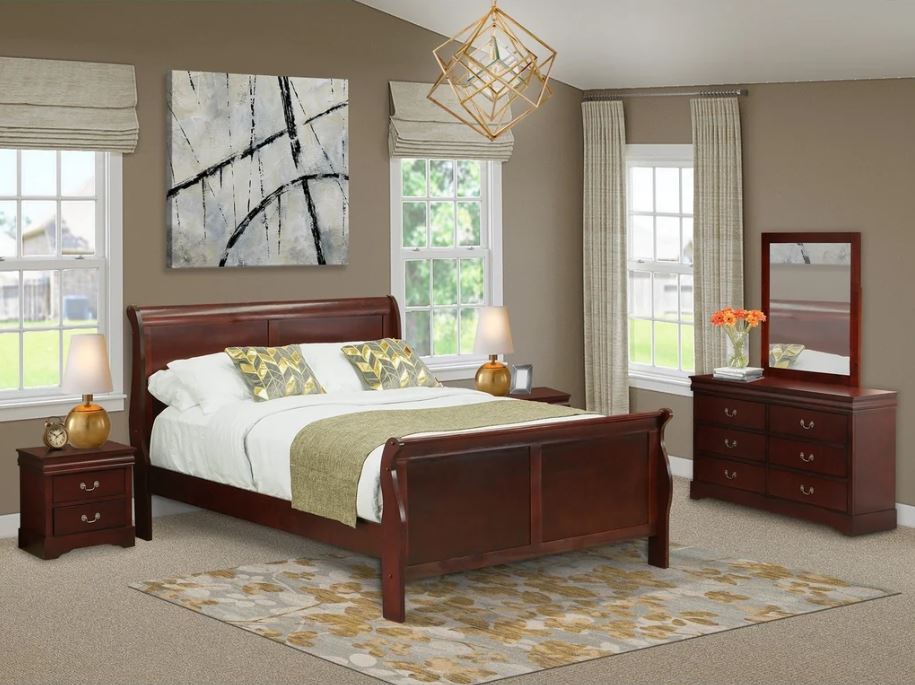 East West Furniture Louis Philippe 5 Piece Queen Size Bedroom Set in Phillip Walnut Finish with Queen Bed,2 Nightstands ,Dresser, Mirror,