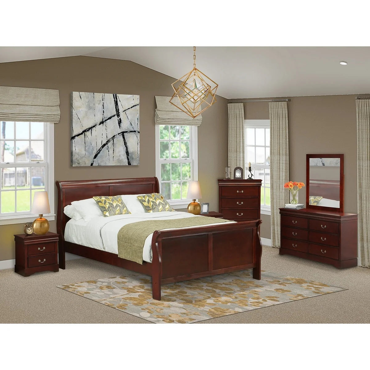 East West Furniture Louis Philippe 6 Piece Queen Size Bedroom Set in Phillip Walnut Finish with Queen Bed,2 Nightstands ,Dresser, Mirror,Chest