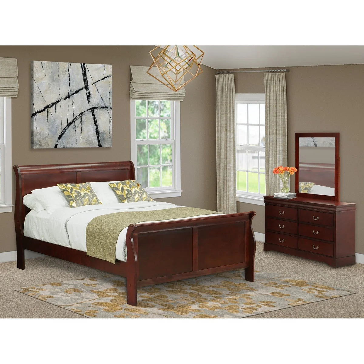 East West Furniture Louis Philippe 3 Piece Queen Size Bedroom Set in Phillip Walnut Finish with Queen Bed, ,Dresser, Mirror,