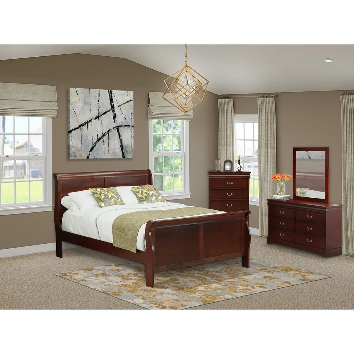 East West Furniture Louis Philippe 4 Piece Queen Size Bedroom Set in Phillip Walnut Finish with Queen Bed, ,Dresser, Mirror,Chest