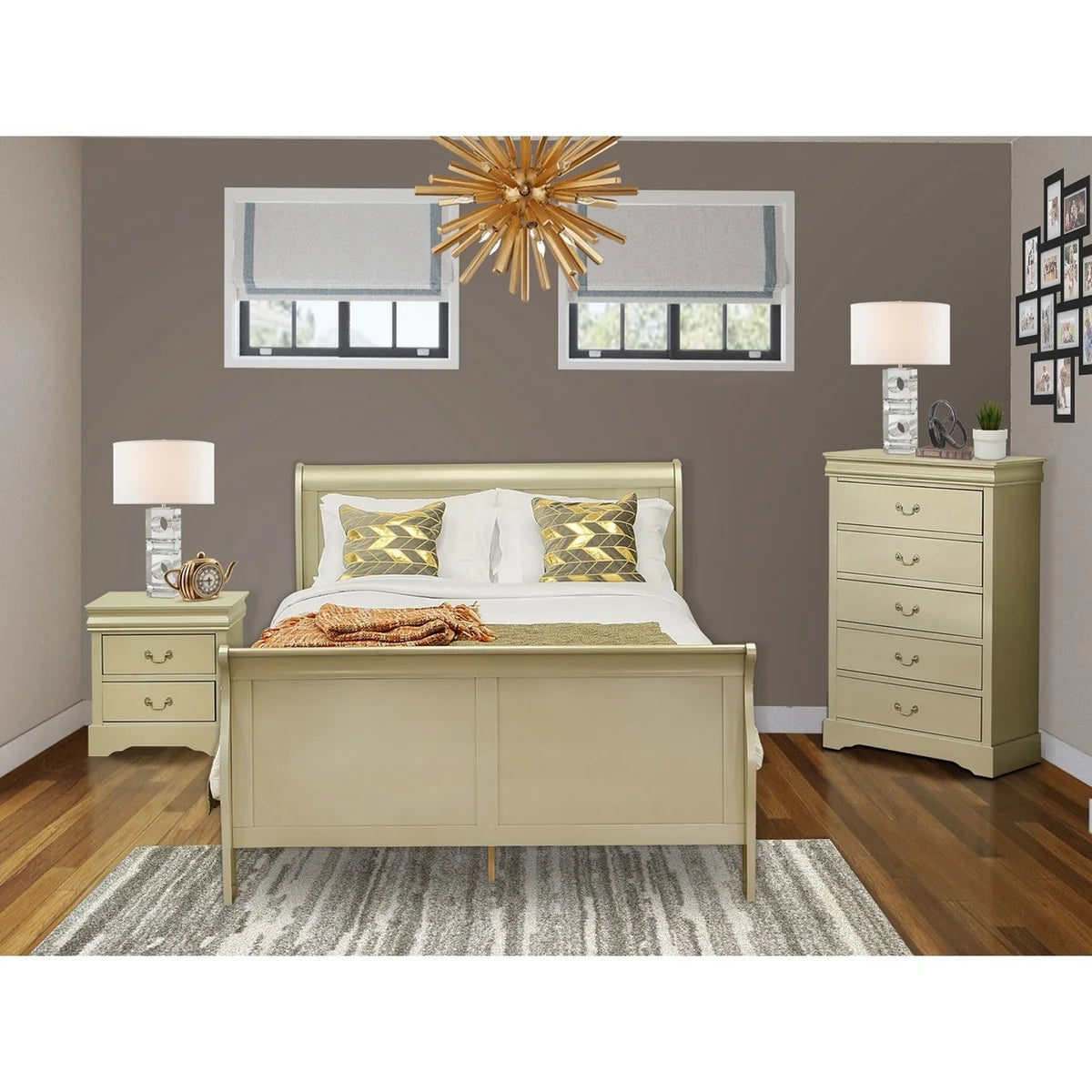 East West Furniture Louis Philippe 3 Piece Queen Size Bedroom Set in Metallic Gold Finish with Queen Bed,Nightstand Chest