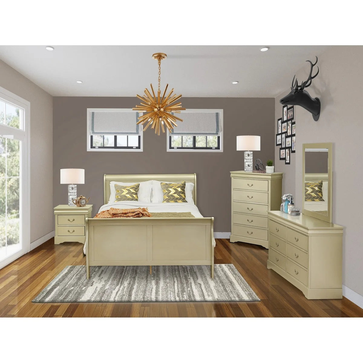 East West Furniture Louis Philippe 5 Piece Queen Size Bedroom Set in Metallic Gold Finish with Queen Bed,Nightstand ,Dresser, Mirror,Chest