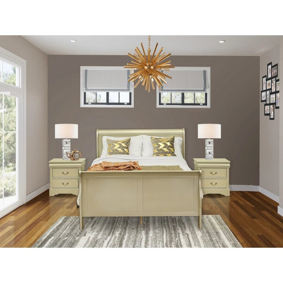 East West Furniture Louis Philippe 3 Piece Queen Size Bedroom Set in Metallic Gold Finish with Queen Bed,2 Nightstands