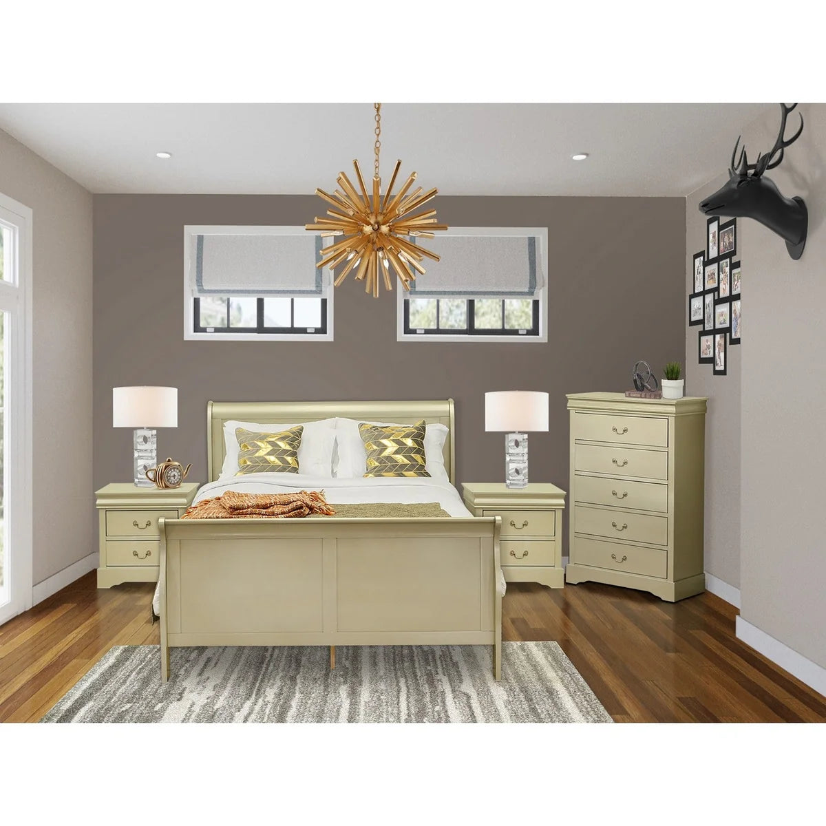 East West Furniture Louis Philippe 4 Piece Queen Size Bedroom Set in Metallic Gold Finish with Queen Bed,2 Nightstands Chest
