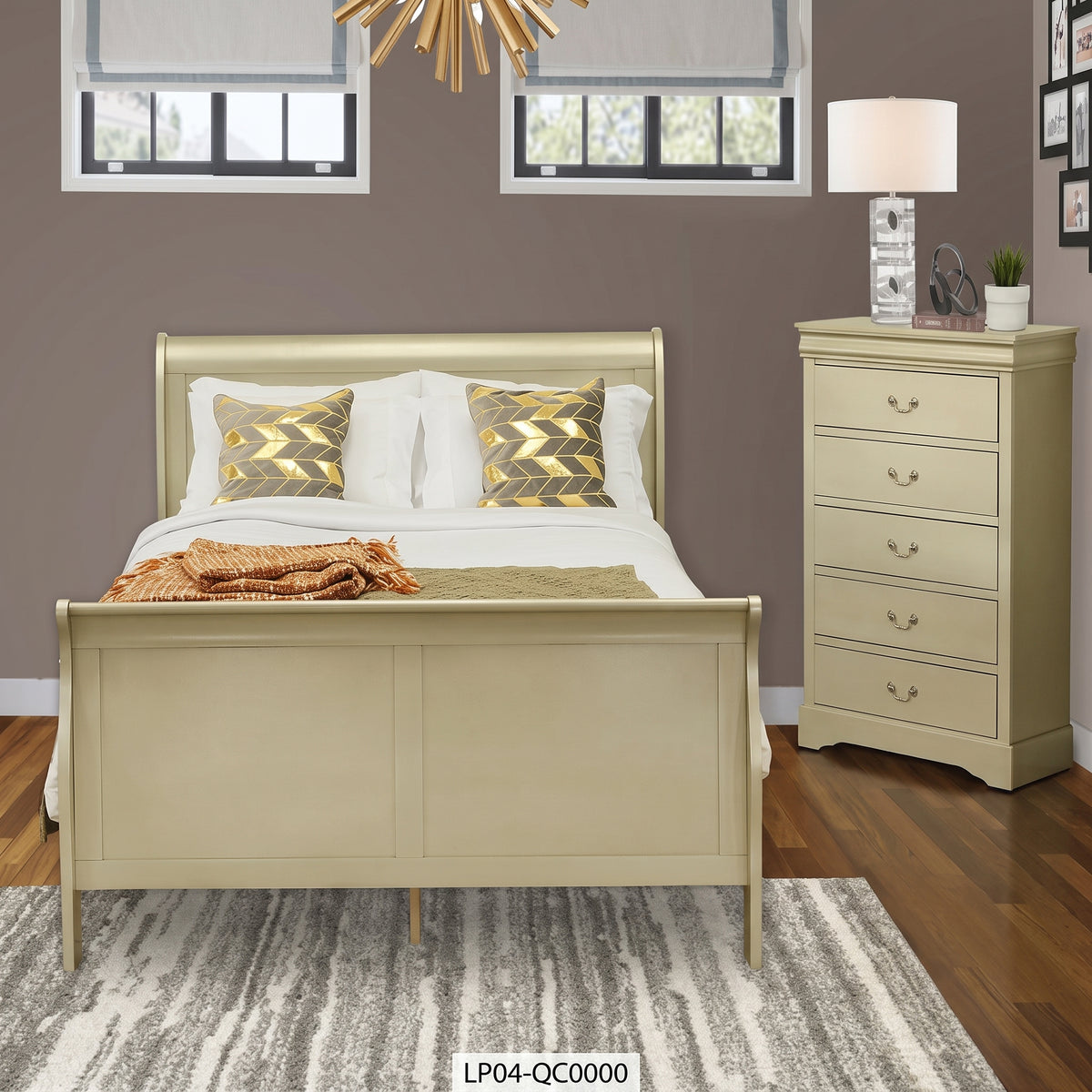 East West Furniture Louis Philippe 2 Piece Queen Size Bedroom Set in Metallic Gold Finish with Queen Bed, Chest
