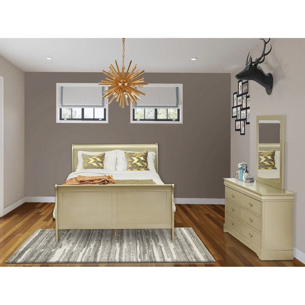 East West Furniture Louis Philippe 3 Piece Queen Size Bedroom Set in Metallic Gold Finish with Queen Bed, ,Dresser, Mirror,