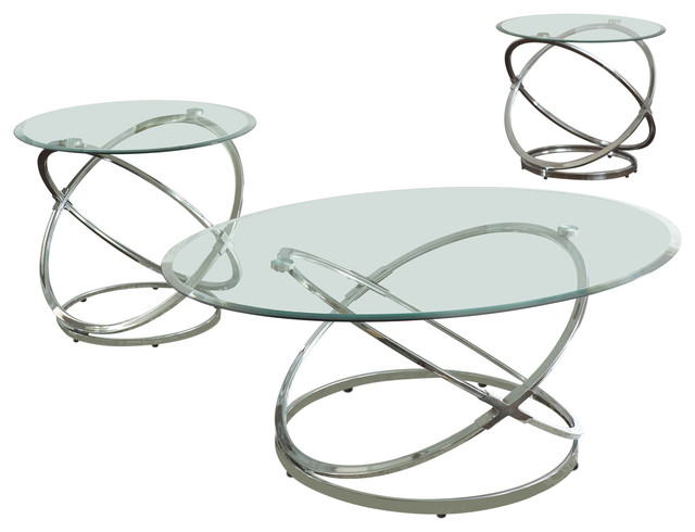 3 Piece Steve Silver Orion Oval Chrome and Glass Coffee Table Set