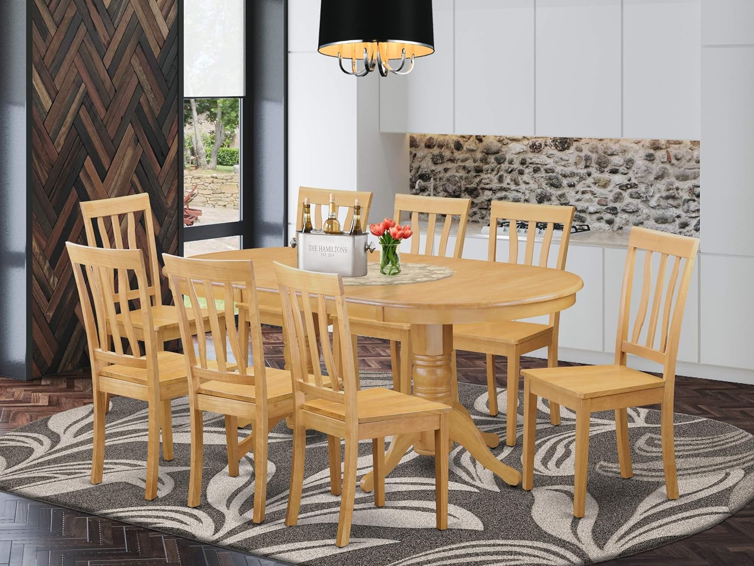 9 Pc Wood Oval Dining Room Table With Leaf and Chairs Set In Oak