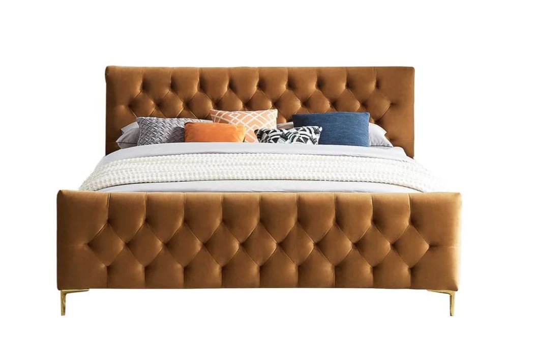 Bella Mid-Century Modern Velvet Upholstered King Platform Bed in Tan