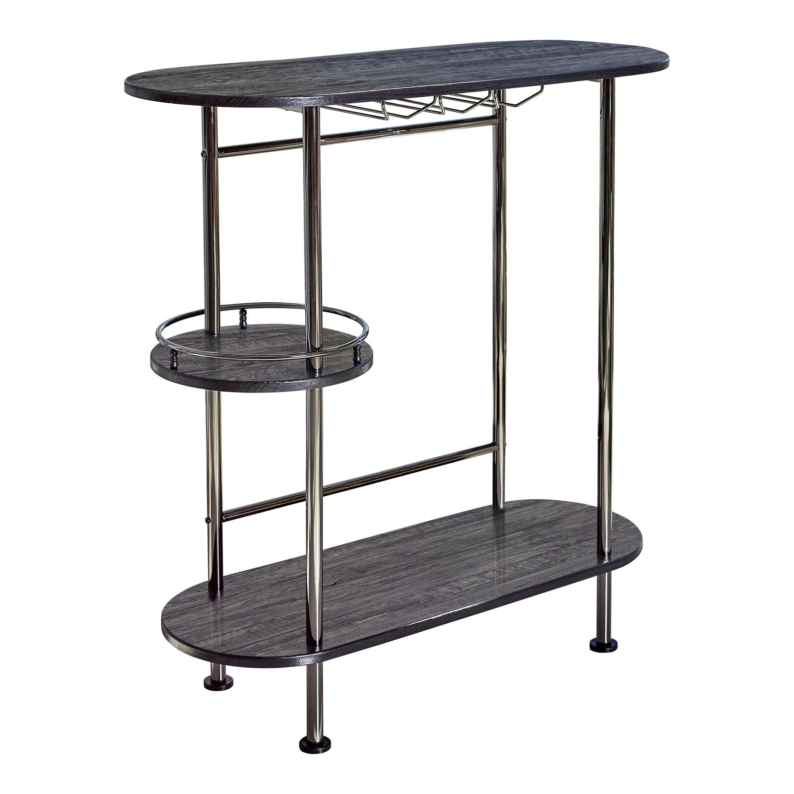 3-Tier Modern Pub Height Bar Table with Stemware Rack Black Nickel And Black Oak