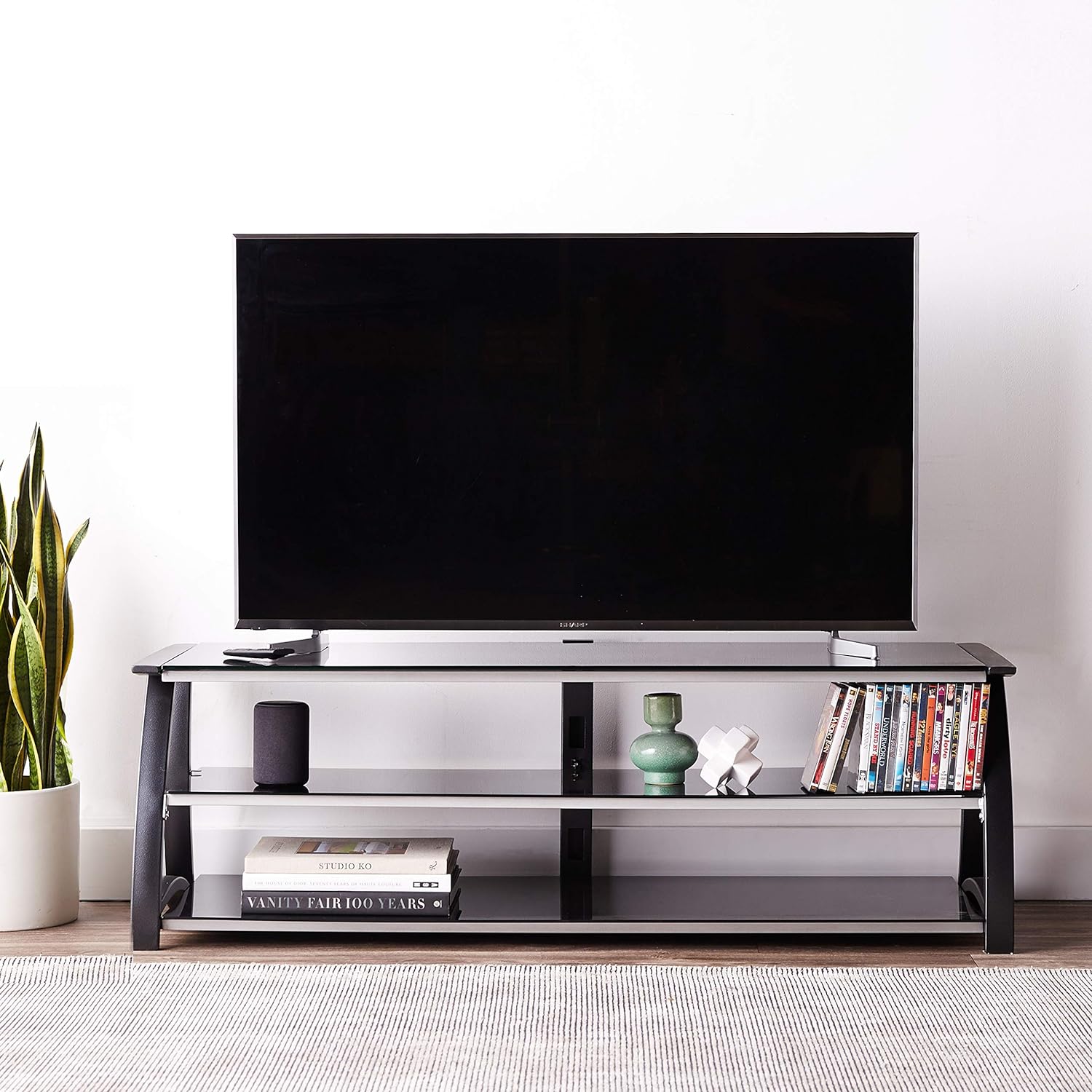 60" Contemporary Tv Stand Console With Shelf in Matte Black and Silver