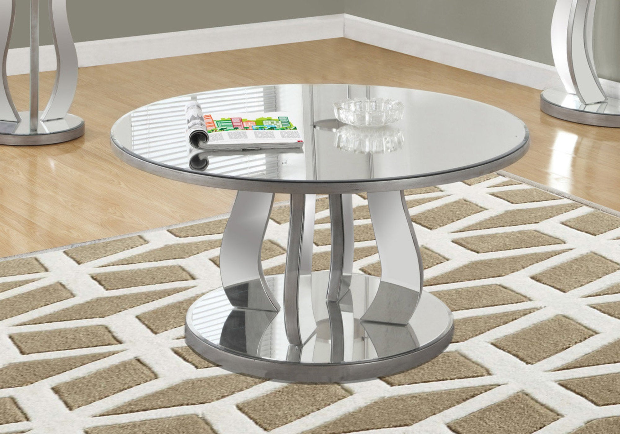 Contemporary Accent Mirrored Cocktail Coffee Table, 18" H, in Brushed Pewter