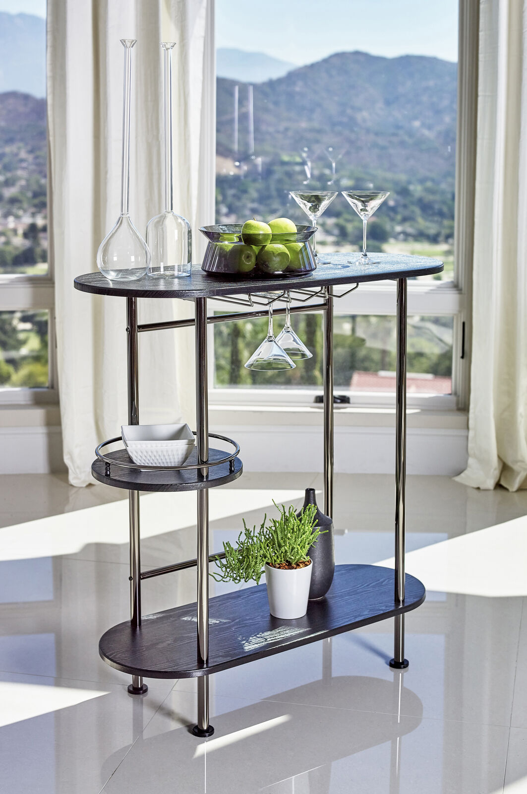 3-Tier Modern Pub Height Bar Table with Stemware Rack Black Nickel And Black Oak