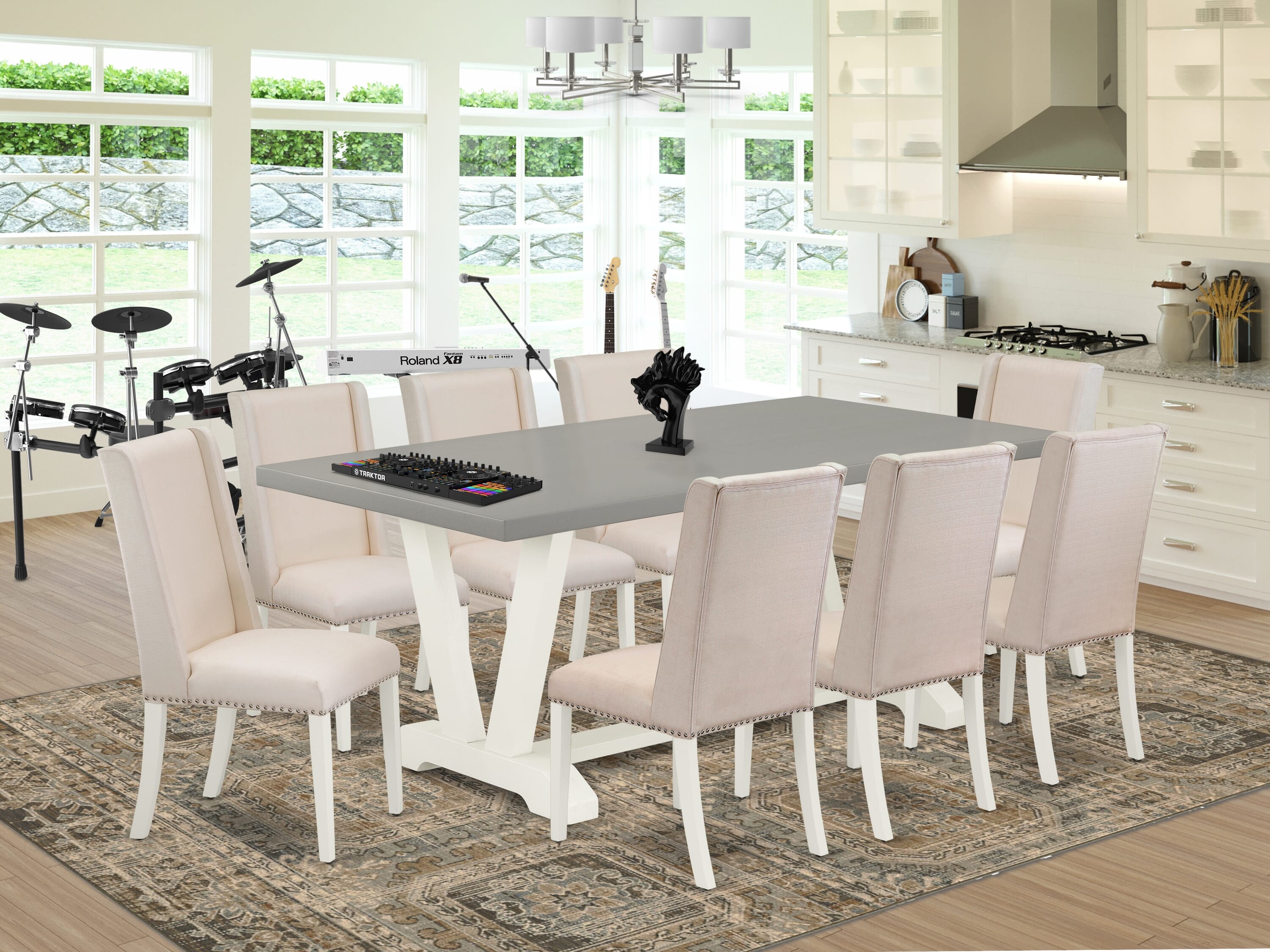 Transitionl V-Style 9-piece Wood Dining Set in Linen White / Cream / Cement