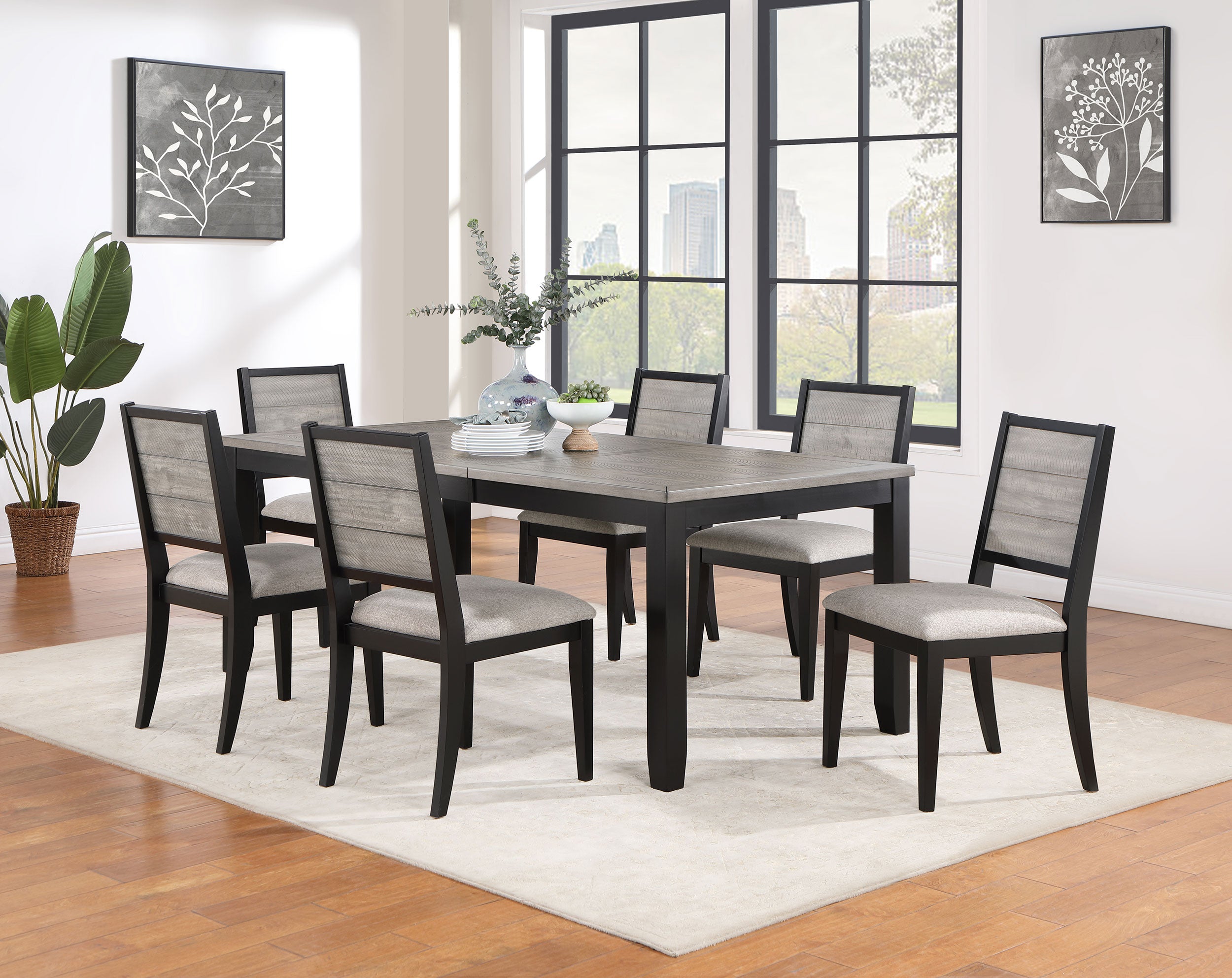 Elodie 7-piece Dining Table Set with Extension Leaf in Grey and Black