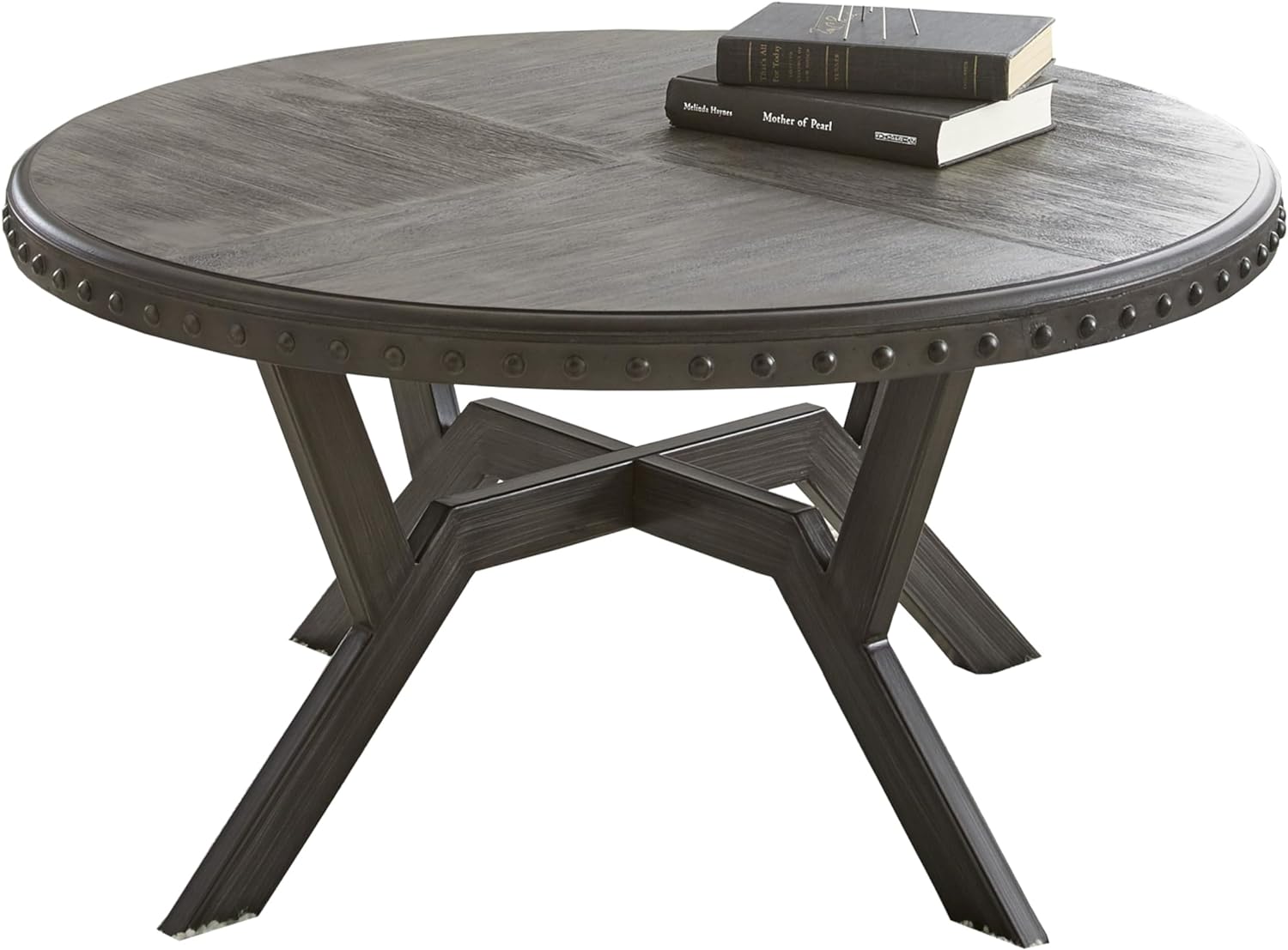 Rustic Alamo Round Cocktail Coffee Table With Nailhead Trim in Weathered Grey
