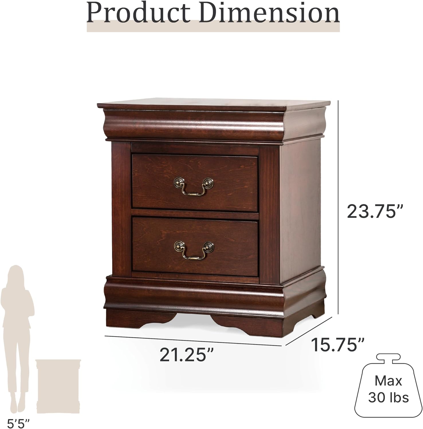 Louis Phillipe Wood 2-Drawer Nightstand in Cherry (Set of 2)