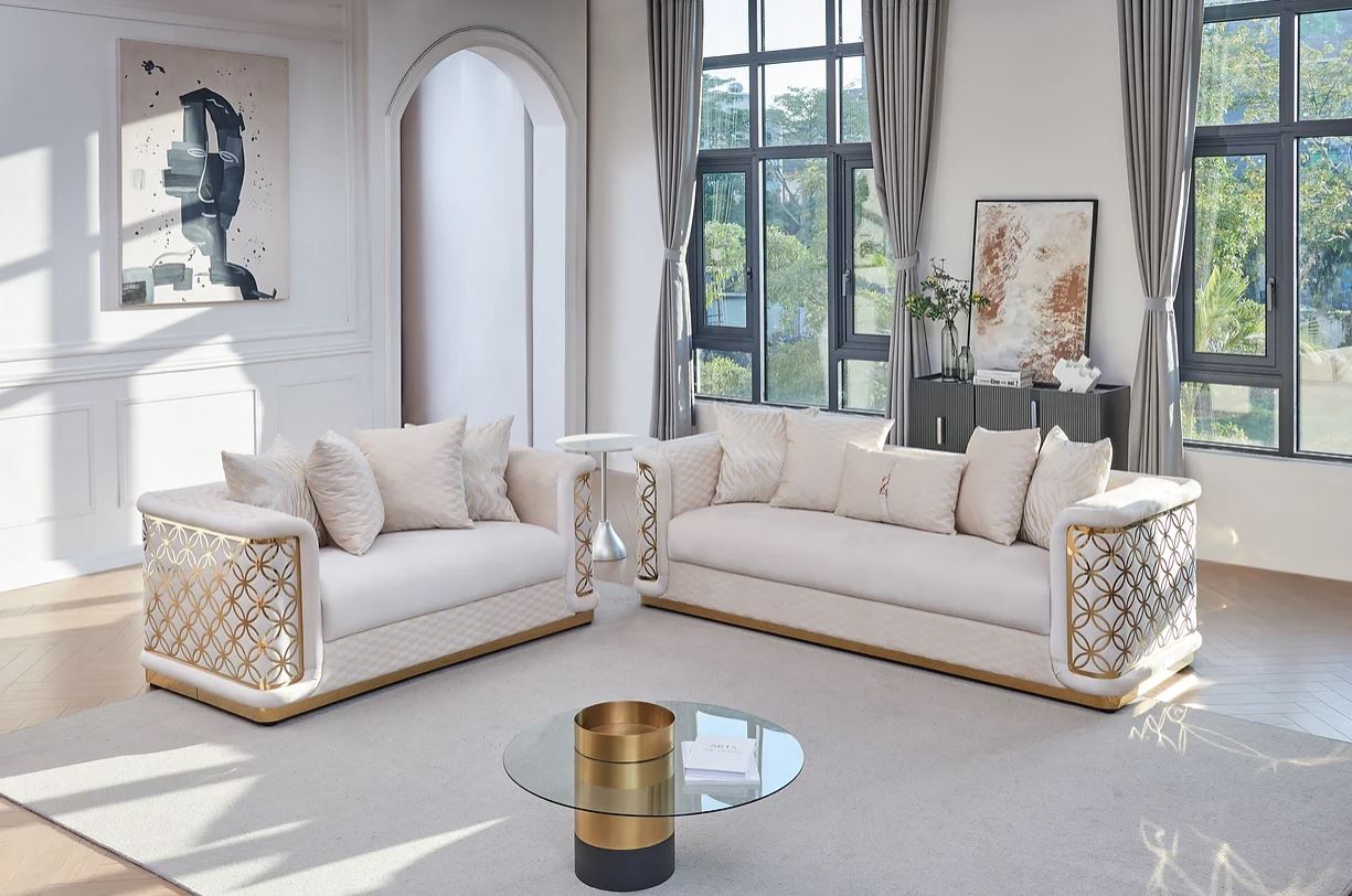 Renee 3Pc Contemorary Cream Gold Living room Sofa Set In Velvet