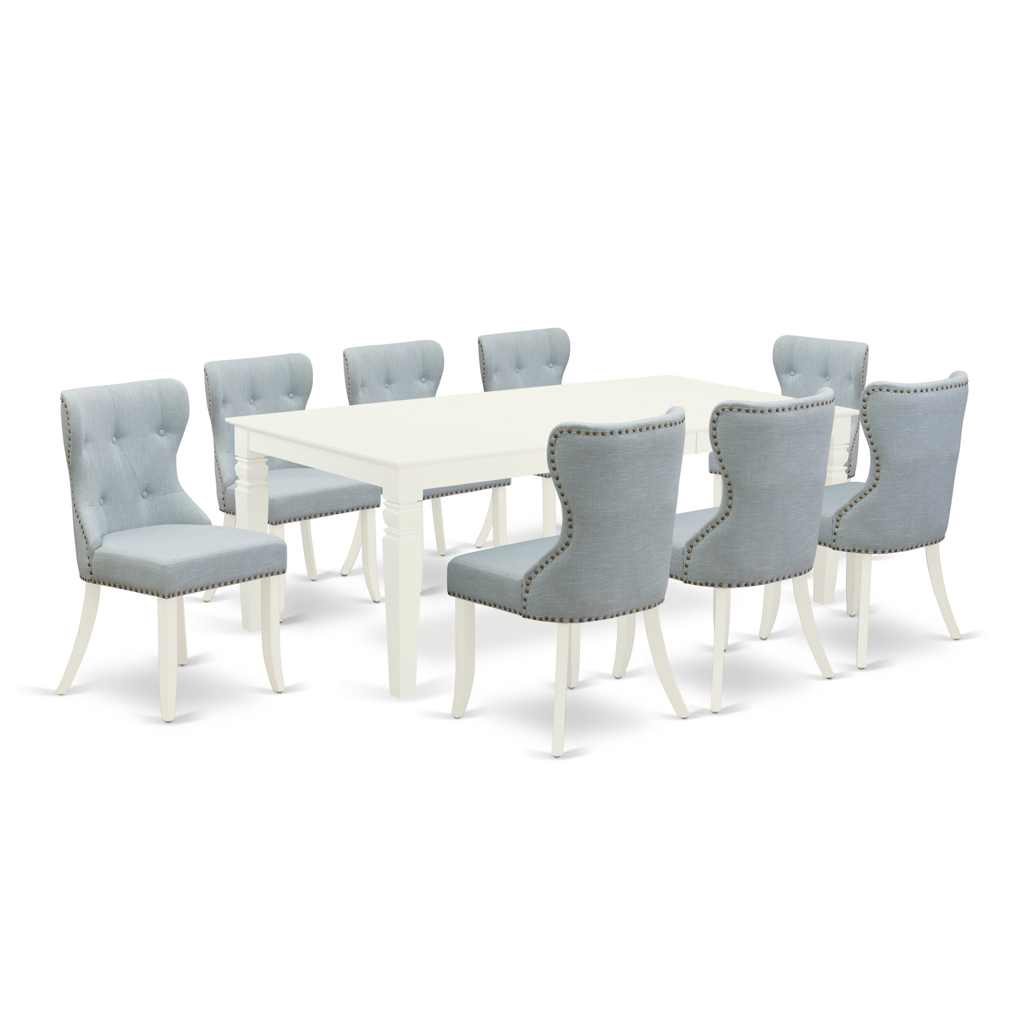 9 PC Dining Room 84" Rectangular Table with Leaf and 8 Tufted Chairs Set in Baby Blue