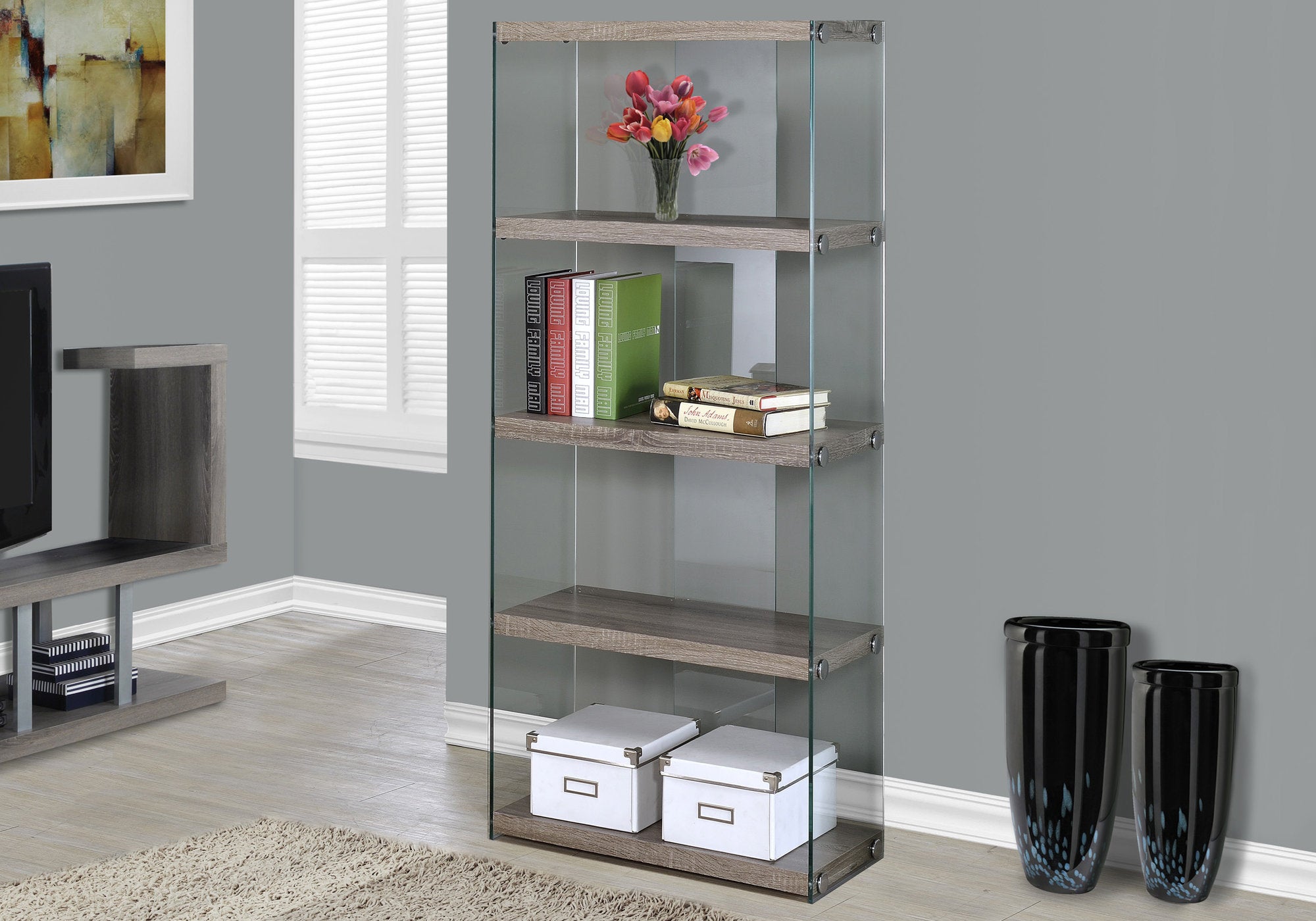 5-Shelf 60" Etagere Bookcase Shelf With Tempered Glass Frame In Dark Taupe