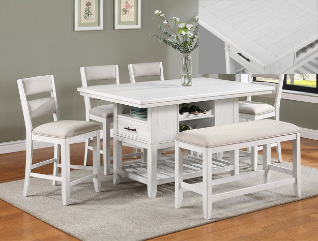 6 PC Transitional Counter Height Island Dining Table With Chairs and Bench Set In White