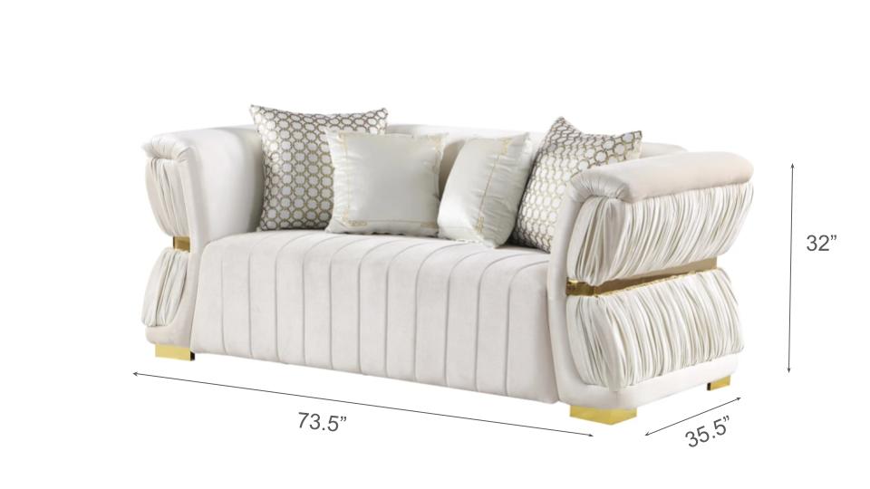 Gemma 2 PC Luxe Glam Velvet White Gold Sofa Loveseat Living Room Set