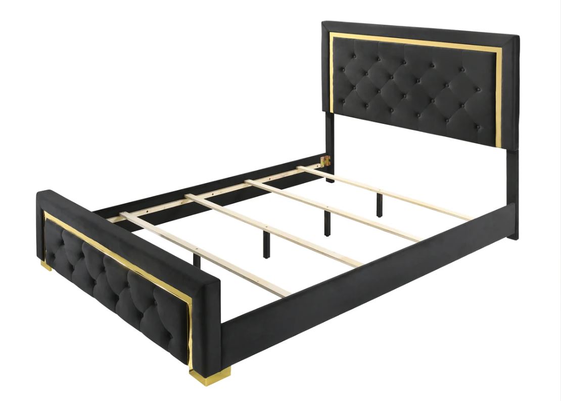 5 PC Queen Pepe Black and Gold Panel Upholstered Bedroom Set