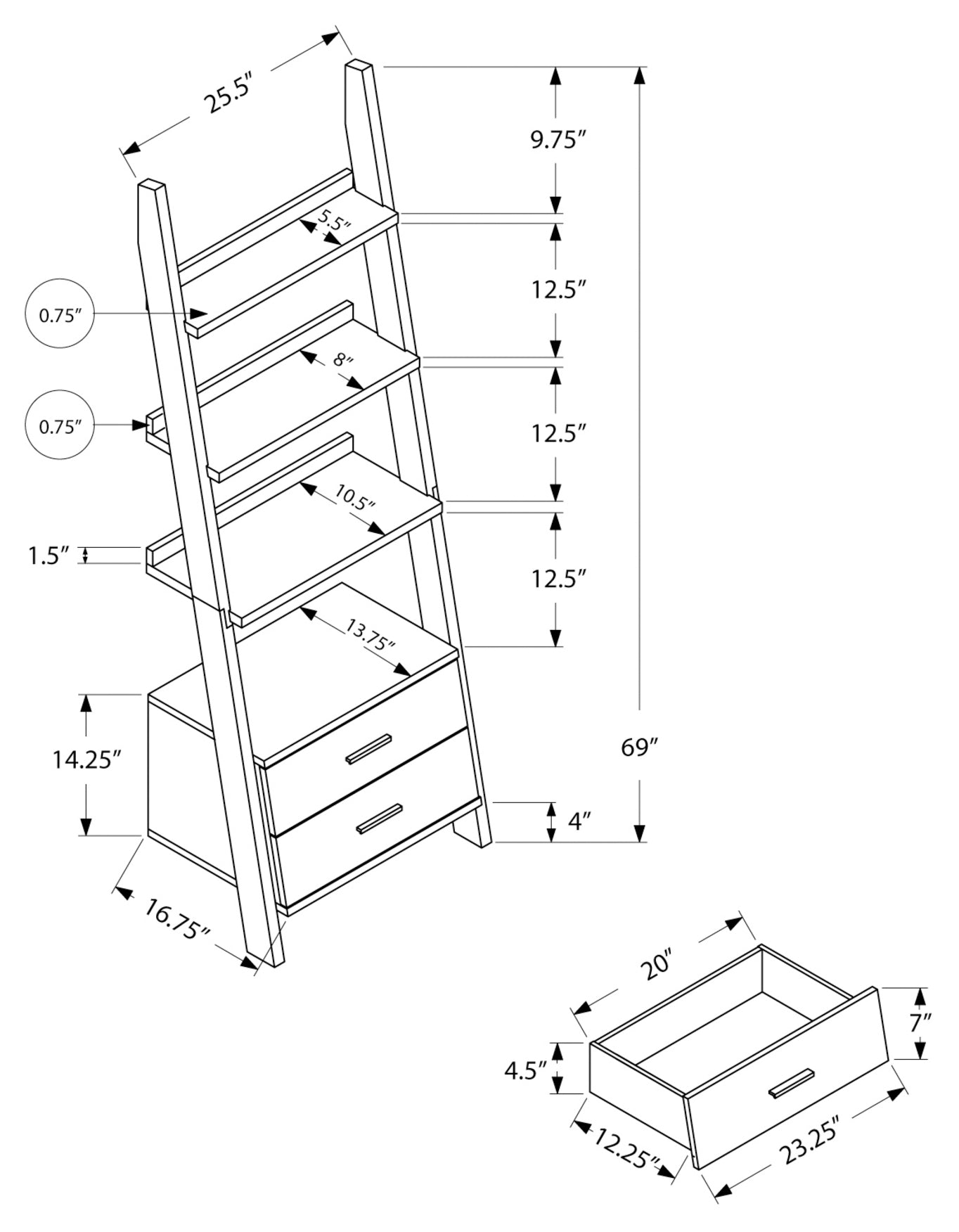 70 in. Ladder Bookcase with 2 Storage Drawers - White