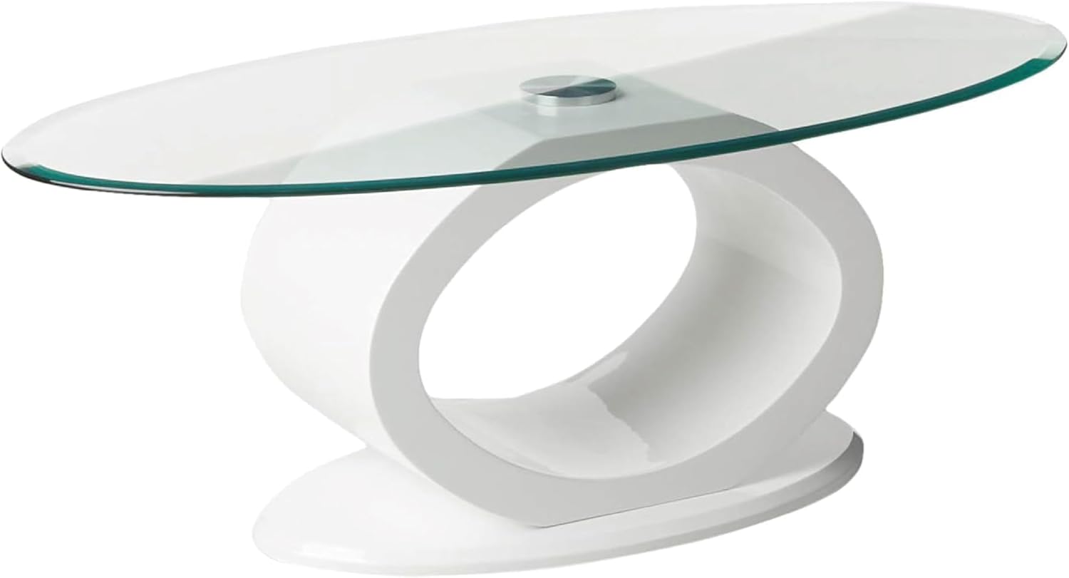 Contemporary O shaped Oval Glass Top Coffee Table In White