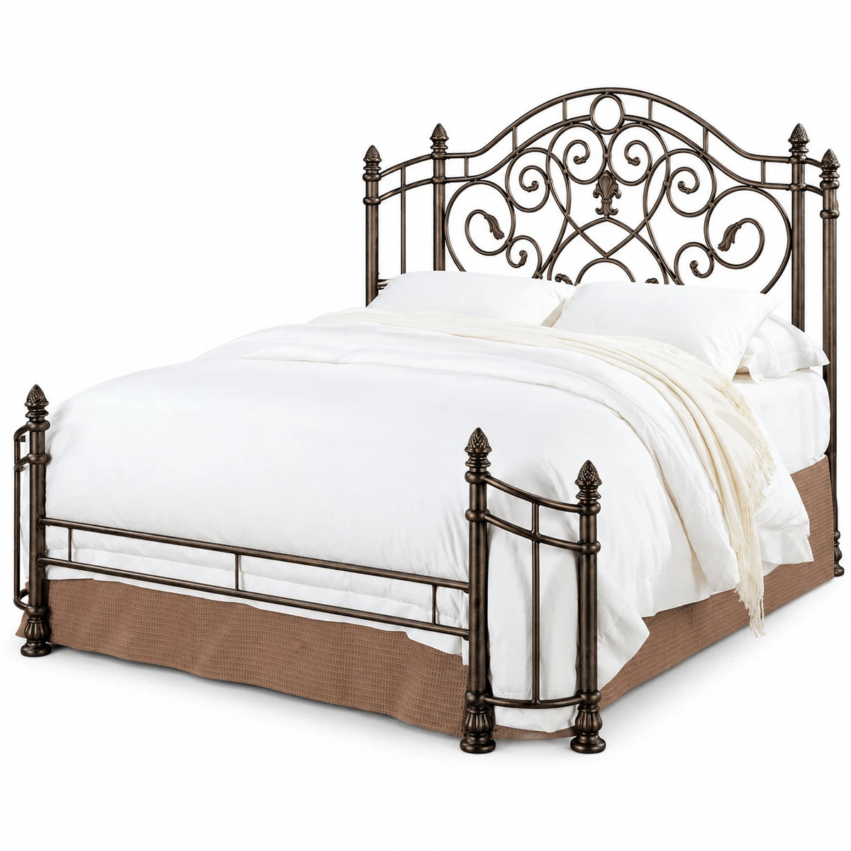 Beckley queen metal bed with iron scrollwork in antique green finish, studio view