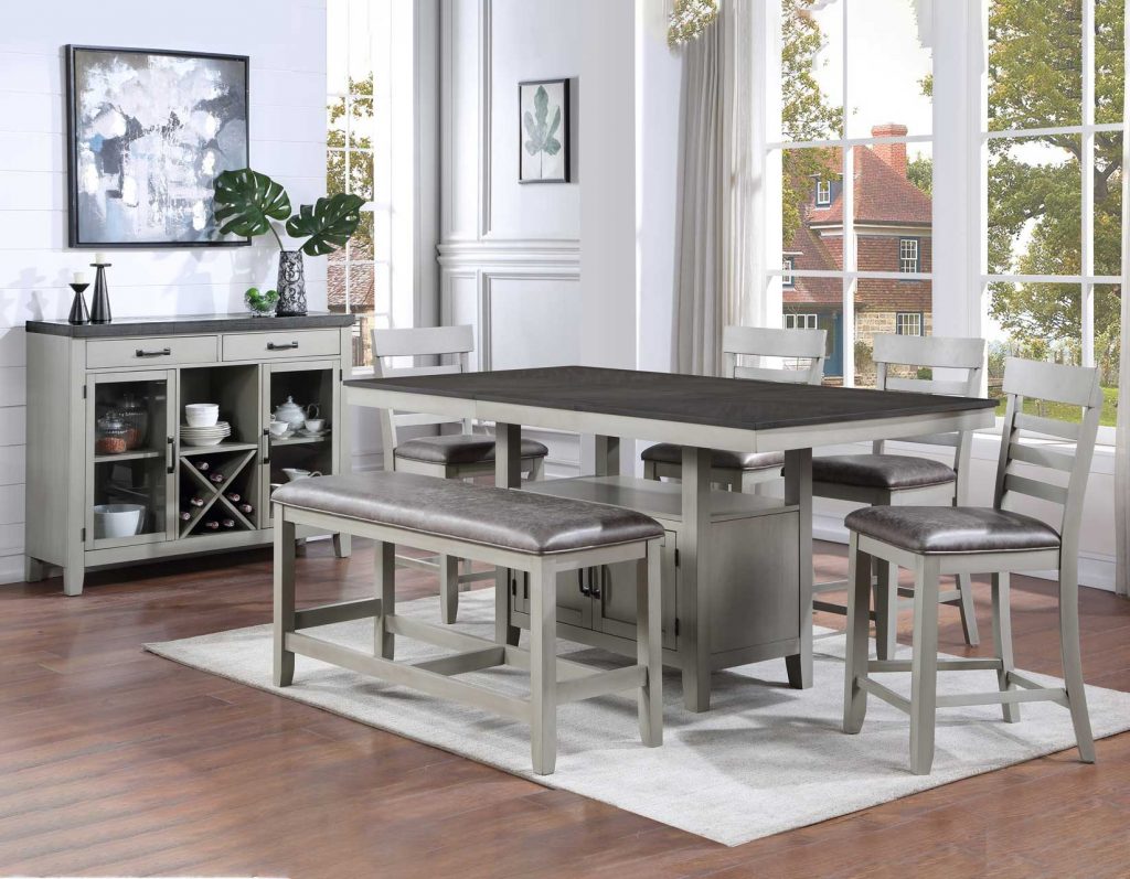 7 PC Rustic Counter Height Gray Charcoal Wood Dining Table Chairs Server Set